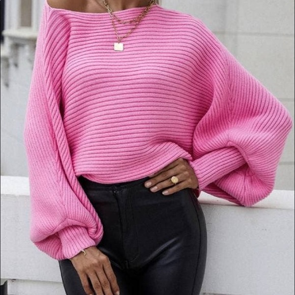 New Cozy Hot Pink Long Sleeve Bateau Neck Sweater - Picture 3 of 10